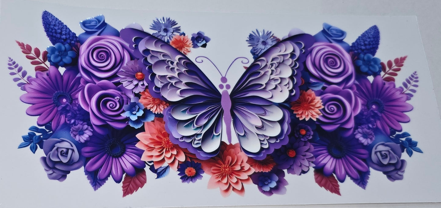 Butterfly purple with purple and blue flowers